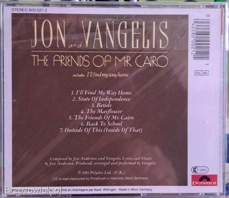 CD JON and VANGELIS-The Friends Of MR Cairo.  Electro Pop.
