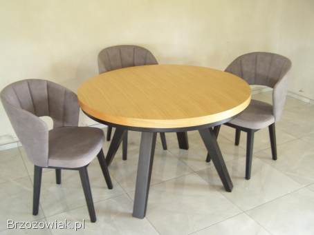 Stół okrągły loftowy dębowy LOFT-11,  krzesła fotelowe,  industrialny -  na wymiar.