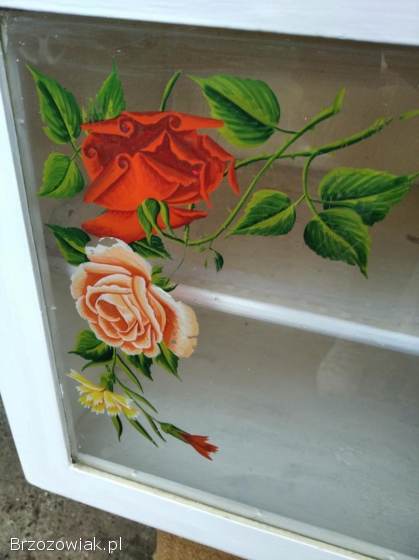 Zabytkowa szafka kuchenna PRL lata 50/60 XX w.  ręczne malowanie szkła wazon pufa