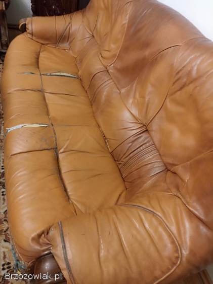 Komplet wypoczynkowy 3+2+1 dębowo skórzany