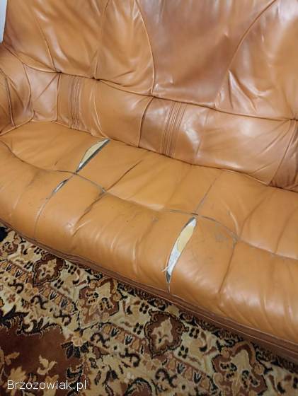 Komplet wypoczynkowy 3+2+1 dębowo skórzany