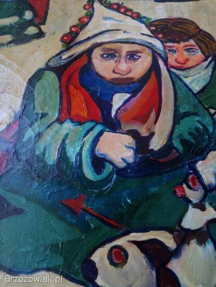 Obraz na płótnie.  Ręcznie malowany,  scena zimowa,  dzieci,  zabawki – unikat