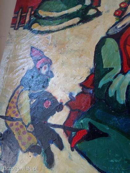 Obraz na płótnie.  Ręcznie malowany,  scena zimowa,  dzieci,  zabawki – unikat