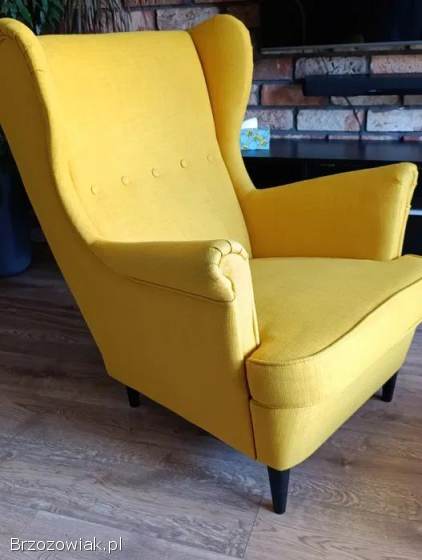 IKEA STRANDMON fotel uszak + podnóżek żółty musztardowy – komplet