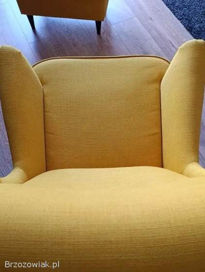 IKEA STRANDMON fotel uszak + podnóżek żółty musztardowy – komplet