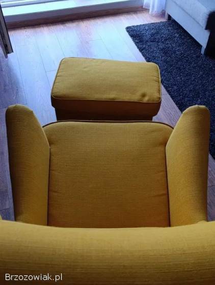 IKEA STRANDMON fotel uszak + podnóżek żółty musztardowy – komplet