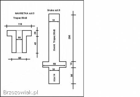 Śruba trapezową Fi 50x8 oraz nakrętka lewa z brązu